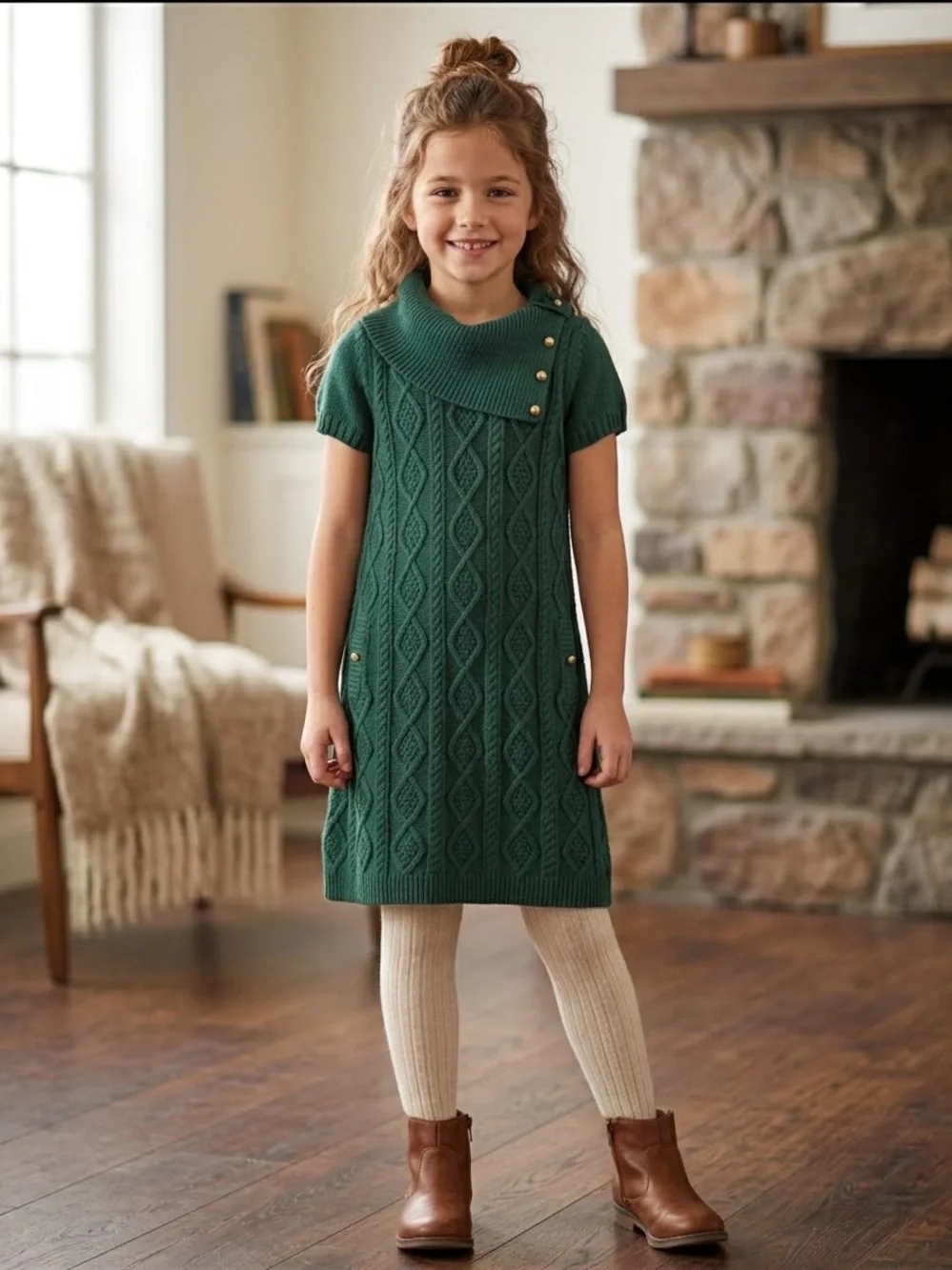 Janie and Jack Green Cable Knit Sweater Dress Cowl Neck Buttons Girls Size 6